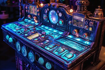Poster - Close Up of Illuminated Machine, An intricate time machine console with numerous levers, buttons, and glowing screens, AI Generated