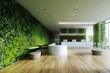 This photo captures a room filled with benches and a wall covered in plants, An office interior that promotes a green and eco-friendly environment, AI Generated