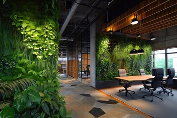 Poster - A photo depicting an office space with a green wall and chairs, An office interior that promotes a green and eco-friendly environment, AI Generated