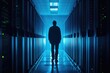 A man stands in the center of a hallway, surrounded by walls on either side, An ominous shadow lurking over a secure network, symbolizing latent threats in cybersecurity, AI Generated