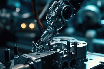 Poster - This close-up photograph captures the intricate details of a machine at work, showcasing its mechanical components in motion, Nanobots fixing mechanical parts, AI Generated