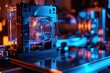 A detailed close-up of a machine featuring a prominent blue light, showcasing its intricate design and functionality, Nanophotonic devices manipulating light, AI Generated