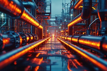 Poster - A photo of a massive industrial pipe line illuminated by bright orange lights, Neo-futuristic depiction of industrial pipelines, AI Generated