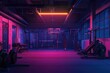 A spacious gymnasium with no occupants, featuring vibrant neon lights illuminating the entire space, Night view of a gym glowing with soft interior light, AI Generated
