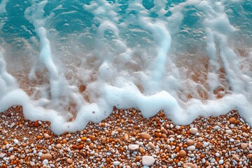 Wall Mural - A detailed view of a powerful ocean wave colliding with the pebbles on a picturesque beach, Ocean shore with rolling waves and pebbles, AI Generated