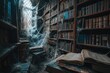 A neglected room overwhelmed by a vast collection of books, now coated in thick spider webs, depicting years of neglect, Old, haunted library filled with cobwebs and ancient spell books, AI Generated