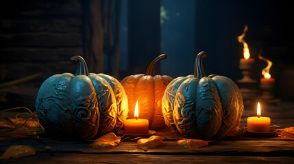 Wall Mural - pumpkins in the dark with a lit up background and burning candles