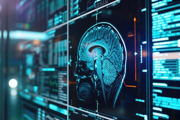Poster - A computer screen displaying an image of a brain, Artificial intelligence analyzing a brain scan, AI Generated