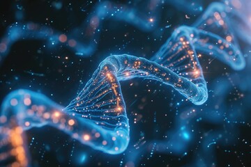 Poster - This abstract image showcases a blue and yellow structure, capturing its unique design and colors, Artificial intelligence analyzing DNA sequences for mutations, AI Generated