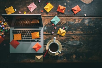 Poster - A laptop computer is placed on top of a plain wooden table, Artistic blend of email, content, and social media marketing, AI Generated