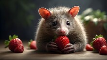 A Small Mouse Eating Strawberry, The Virginia Opossum, A Happy Possum In A Studio Portrait By Didelphis Virginian Exotic Wild Animal