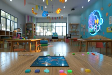Poster - A tablet sits neatly on top of a wooden table, creating a modern and practical workspace, Augmented reality education environment with interactive elements, AI Generated