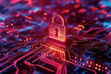 Poster - A close-up photo capturing a padlock positioned on a computer circuit, symbolizing digital security, Binary code transforming into a padlock, AI Generated