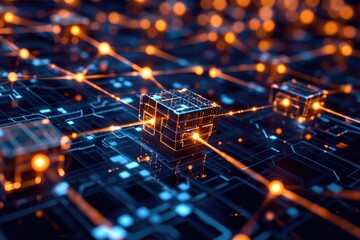 Poster - A group of cubes with colorful glowing lights on them, creating an eye-catching display, Blockchain system visualized as interconnected blocks, AI Generated