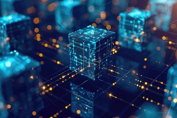 Poster - An abstract image showcasing a cube placed in the center of a room, creating a visually captivating composition, Blockchain system visualized as interconnected blocks, AI Generated