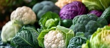 A Variety Of Different Colored Cauliflower Heads, Including Broccoli Cauliflower And Assorted Cabbages, Arranged Together In A Visually Striking Bunch.
