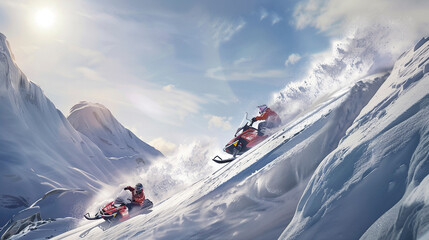 Wall Mural - Sunny Skiing Excitement: Skibobs Racing Down Steep Snow-Covered Slopes