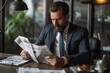 © Ifti Digital - A man is seen sitting at a table, engrossed in reading a newspaper, Businessman reading a financial newspaper in his office, AI Generated
