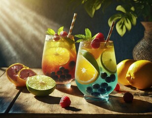 Close-up of two summer drinks with fresh fruit on a table in dappled light