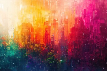 Canvas Print - A dynamic and lively cityscape filled with colorful lines and dots, creating a visually captivating scene, Pixelated rainbow gradients reflecting a modern, digital world, AI Generated