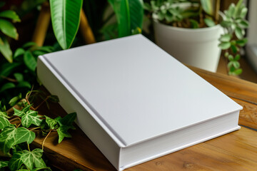 mockup of a blank cover white book with a garden background