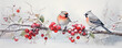 Illustration of bird sitting on branch with red berries in snow. Whistler, waxwing on a ashberry, hawthorn berries, rowan tree branch in cold frost. Wintering of non-migratory birds concept.