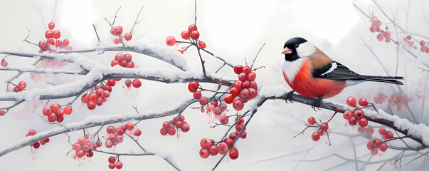 Wall Mural - Illustration of bird sitting on branch with red berries in snow. Whistler, waxwing on a ashberry, hawthorn berries, rowan tree branch in cold frost. Wintering of non-migratory birds concept.