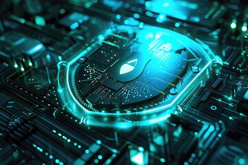 Poster - Close Up of Clock on Top of Computer Chip, Protective shield deflecting cyber threats in a computer system, AI Generated