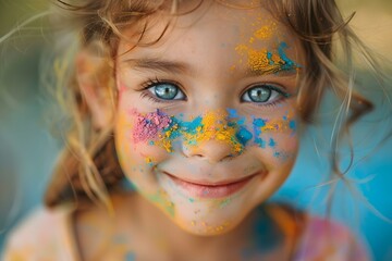 Wall Mural - A child's joyful smile, covered in colorful Holi powder. Concept Family Bonding, Celebration, Childhood Joy, Colorful Moments, Holi Festival