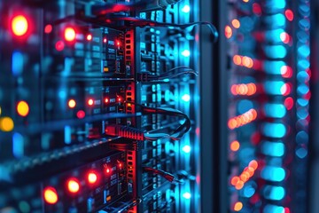 Aufkleber - A row of computer servers illuminated by red and blue lights, displaying their active processing operations, Quick upgrades in a system's cybersecurity, AI Generated