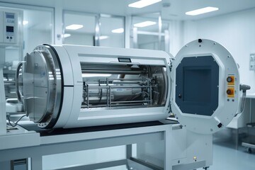 Poster - A large industrial machine located inside a spacious warehouse, showing its intricate mechanism in motion, Raster image of an autoclave sterilizer, AI Generated