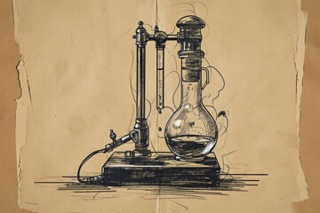 Poster - A detailed drawing of a test tube filled with a vibrant blue liquid, highlighting the scientific representation of a laboratory essential, Retro drawing of a Bunsen burner, AI Generated