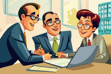 Poster - Three men are diligently working together on a laptop at a table, Cartoon version of a tax consultant advising clients, AI Generated