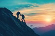 Two individuals skillfully climbing up the steep side of a rugged mountain, Rewarding journey of two hikers, one helping the other reach the mountain top, AI Generated