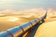A long metal pipeline stretches across the barren desert, transporting vital resources through the remote terrain, Rigid industrial pipelines contrasting with soft sand dunes, AI Generated