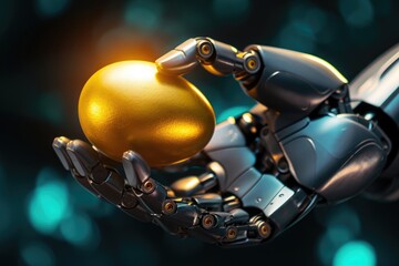 Poster - A close-up photograph of a robot hand firmly grasping a shiny golden ball, Robotic hand holding a golden egg representing automation in finance, AI Generated