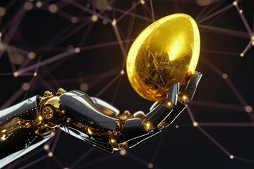 Poster - A robotic hand firmly grasps a shiny golden sphere, showcasing advanced technology and precision, Robotic hand holding a golden egg representing automation in finance, AI Generated