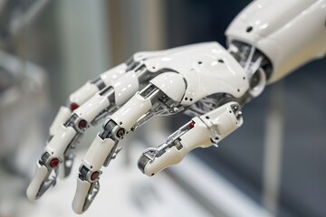 Sticker - A robotic hand is depicted holding an object, showcasing advanced technology and precision, Robotic limbs controlled using thought commands, AI Generated