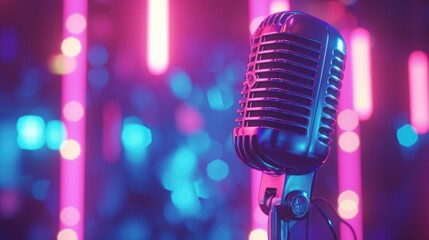 Stand-up concept. Audio microphone retro style on bokeh background. Comedy show or Jazz festival