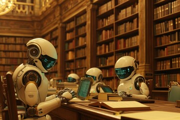 Poster - A robot sits at a desk in a library, surrounded by books, engaging in a study or research activity, Robots in a futuristic library studying history, AI Generated