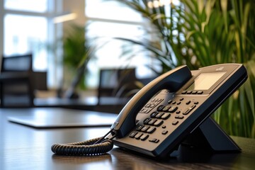 Poster - A modern smartphone is seen resting on top of a sturdy wooden table, Close-up image of an office phone on a sleek desk, AI Generated