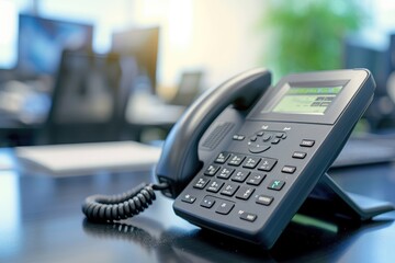 Poster - A photo depicting a phone placed on a black table, Close-up image of an office phone on a sleek desk, AI Generated