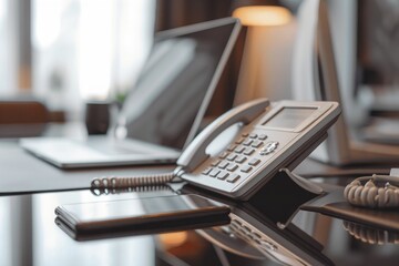 Poster - A mobile phone sits on top of a desk next to a laptop, creating a modern workspace, Close-up image of an office phone on a sleek desk, AI Generated