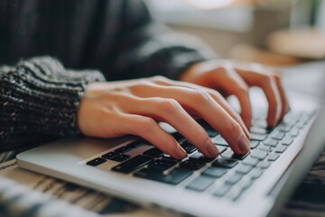 Poster - A detailed close-up shot of a person focused on typing on a laptop computer, Close-up image of hands typing on a laptop keyboard, AI Generated