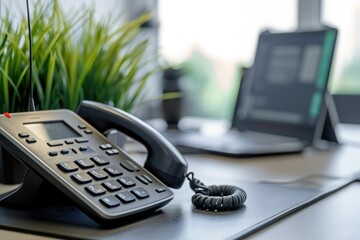 Poster - A phone sits on top of a desk next to a laptop, creating a workspace for productivity and communication, Close-up image of an office phone on a sleek desk, AI Generated