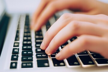 Poster - A detailed photograph capturing a close-up view of a person focused on typing intently on a laptop computer, Close-up image of hands typing on a laptop keyboard, AI Generated