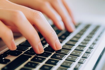 Poster - A detailed view of a persons hands typing on a laptop keyboard, focusing on the action of typing, Close-up image of hands typing on a laptop keyboard, AI Generated