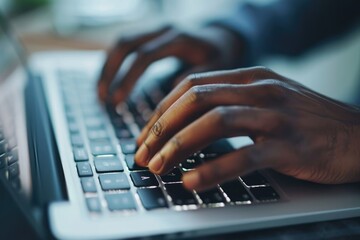 Poster - A detailed view of a persons hands typing on a laptop keyboard, engaged in focused work, Close-up image of hands typing on a laptop keyboard, AI Generated