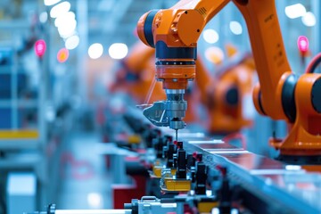 Poster - Robotic arms diligently perform tasks on a conveyor belt in a bustling factory setting, Close-up of robotic machinery in a production line, AI Generated