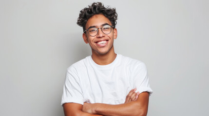 Sticker - cheerful young man smiling at the camera with his arms crossed.